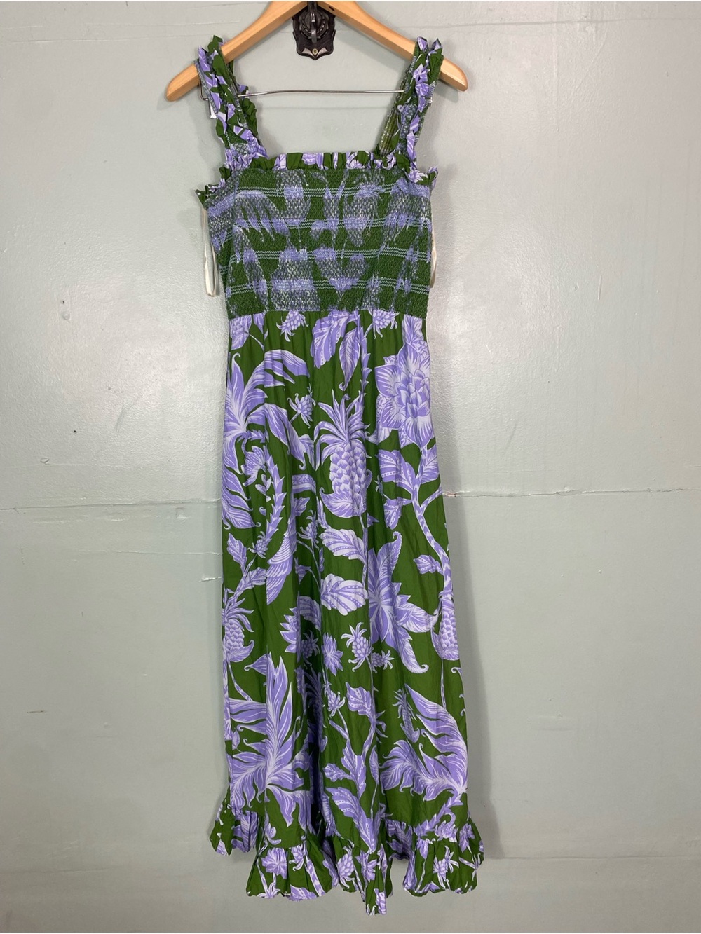 Farm Rio Tropical Swing Smocked Sleeveless Midi Dress Green Purple XL Pineapple - Picture 2 of 8